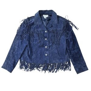 NorthStyle Fringe Jacket Women Large Navy Blue Suede Leather Western Vintage 90s